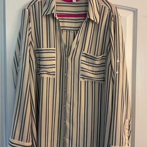 Express Cream and Black Striped Button-Up Blouse